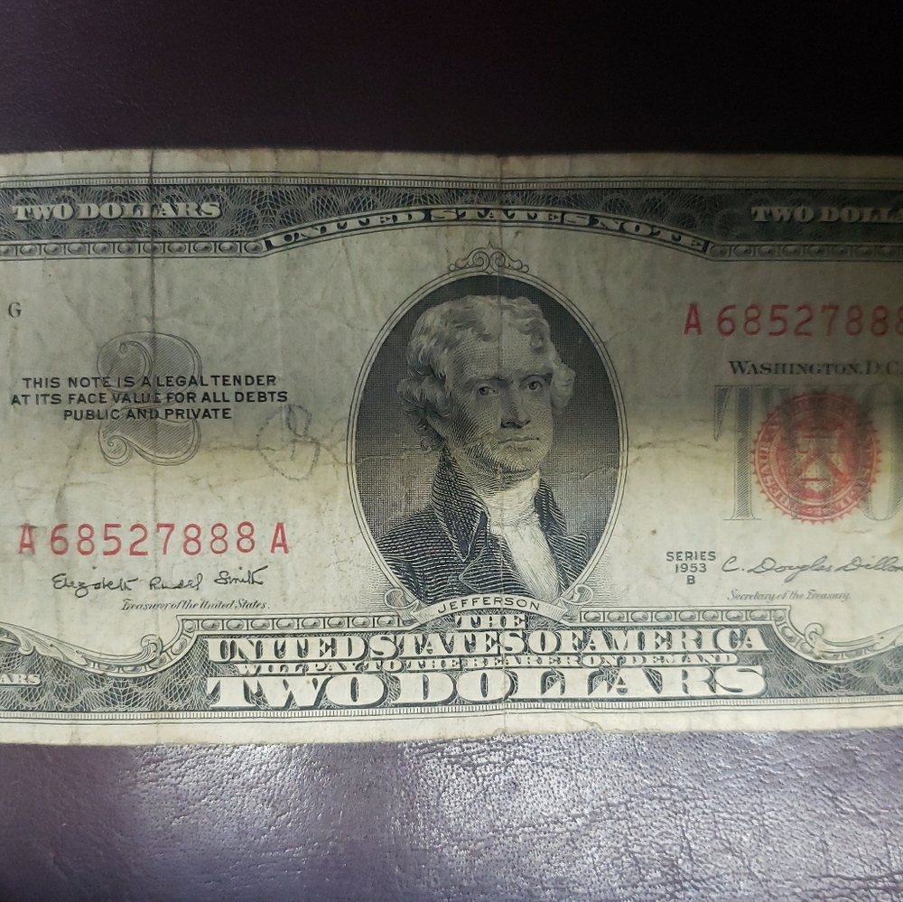 1953 B series red seal 2 dollar bill